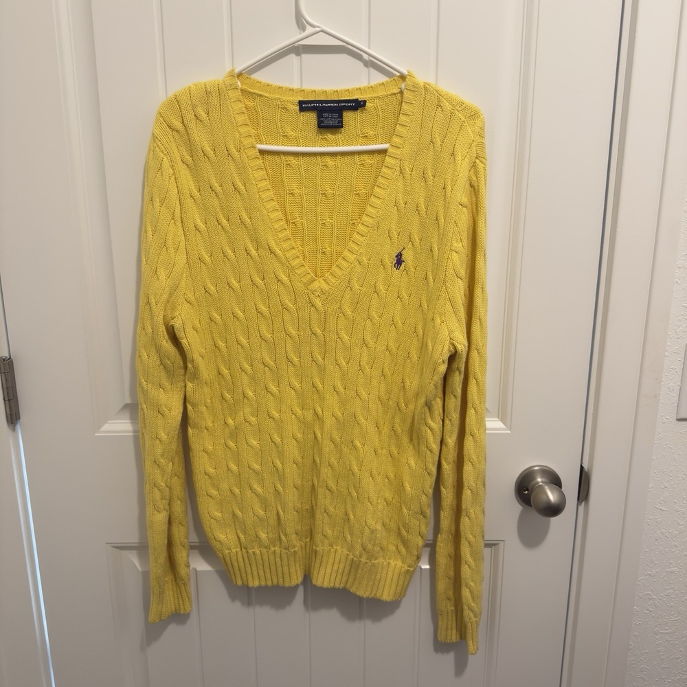 Ralph Lauren Sport Women's Yellow Nveck Cable Knit Sweater Purple Logo Size XL